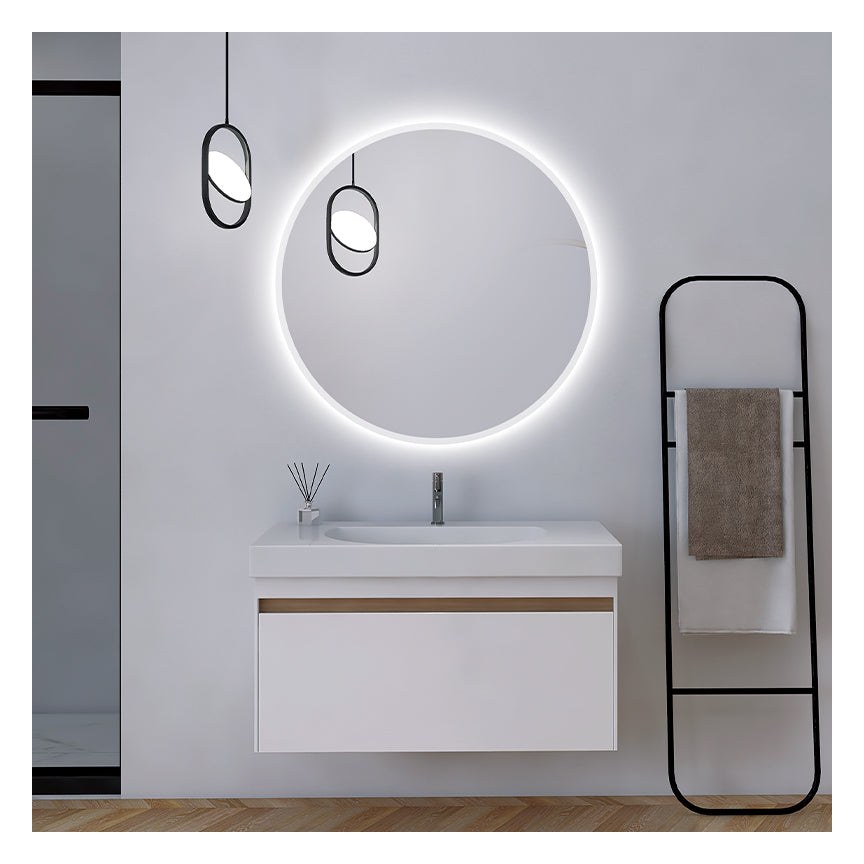 Espejo de baño redondo sobre lavabo exento