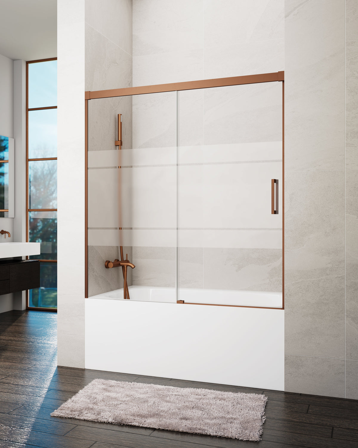 Mampara de bañera corredera frontal Basic frost 1 fijo + 1 puerta GME – Cobre