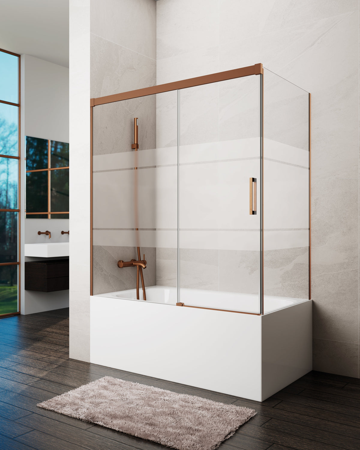 Mampara de bañera corredera frontal Basic frost con panel lateral GME – Cobre