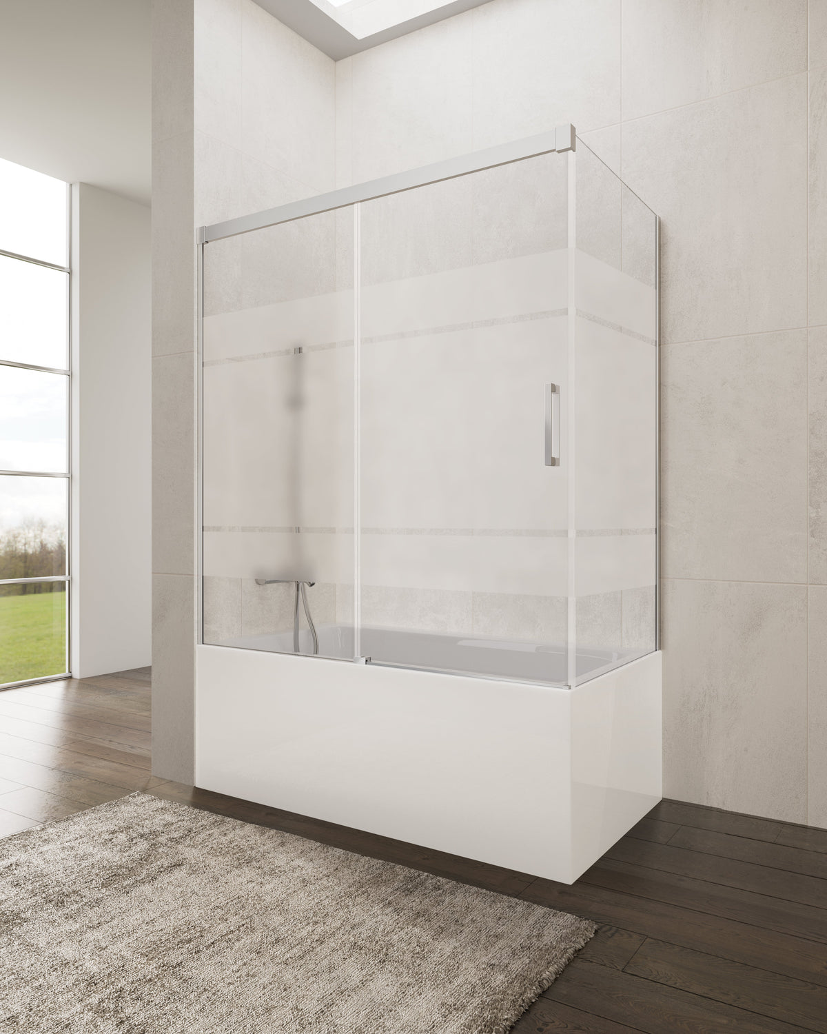 Mampara de bañera corredera frontal Basic frost con panel lateral GME – Cromo