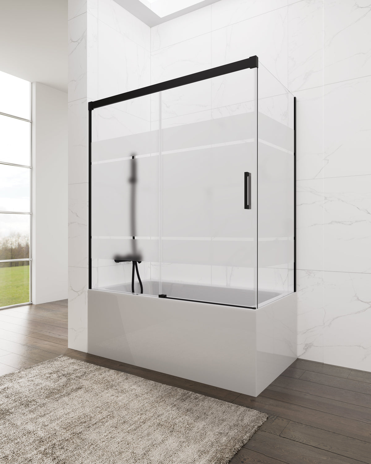 Mampara de bañera corredera frontal Basic frost con panel lateral GME – Negro