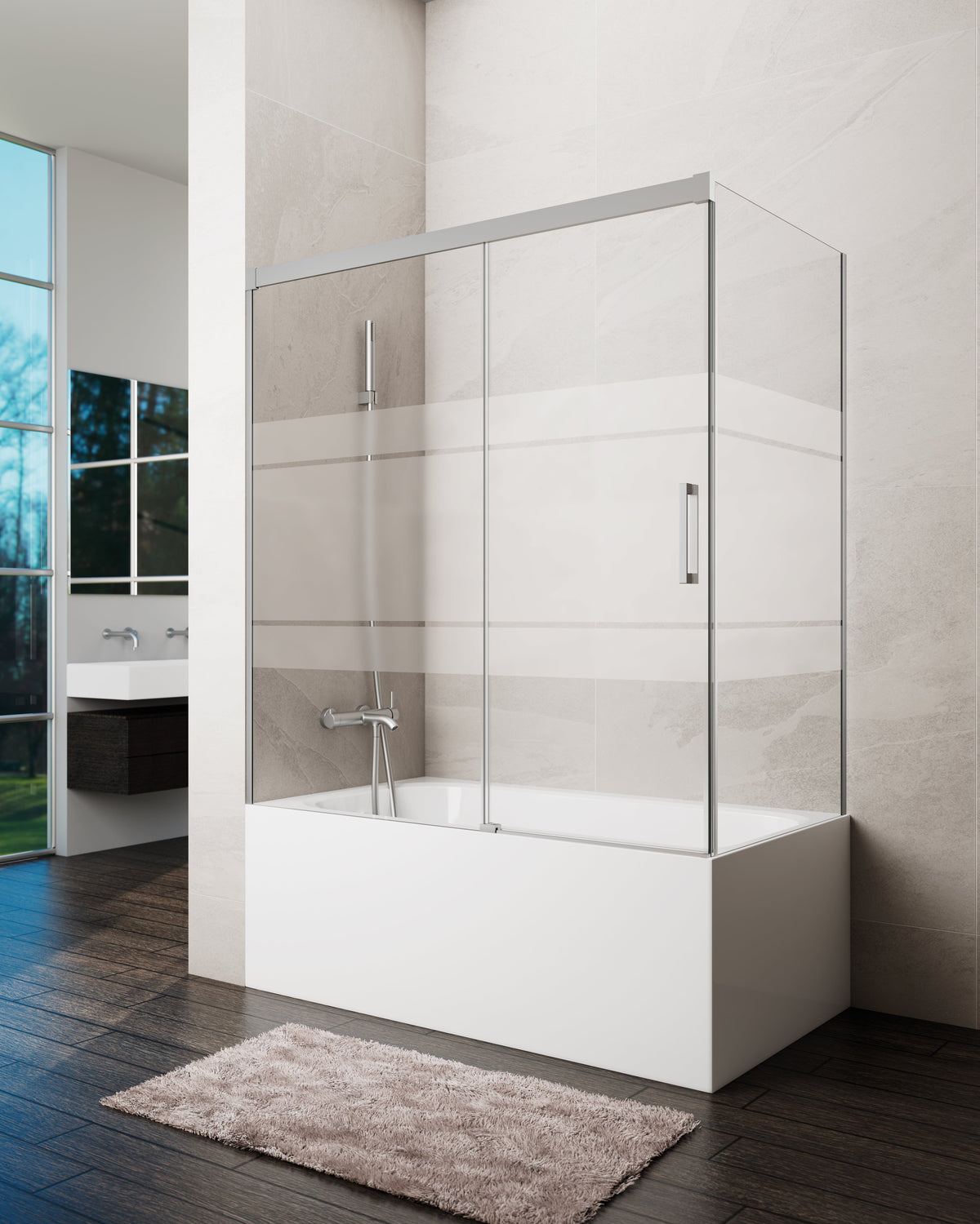 Mampara de bañera corredera frontal Basic frost con panel lateral GME – Níquel