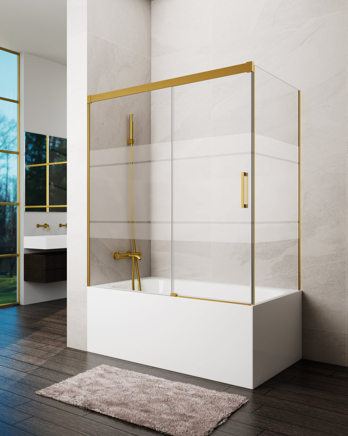 Mampara de bañera corredera frontal Basic frost con panel lateral GME – Oro