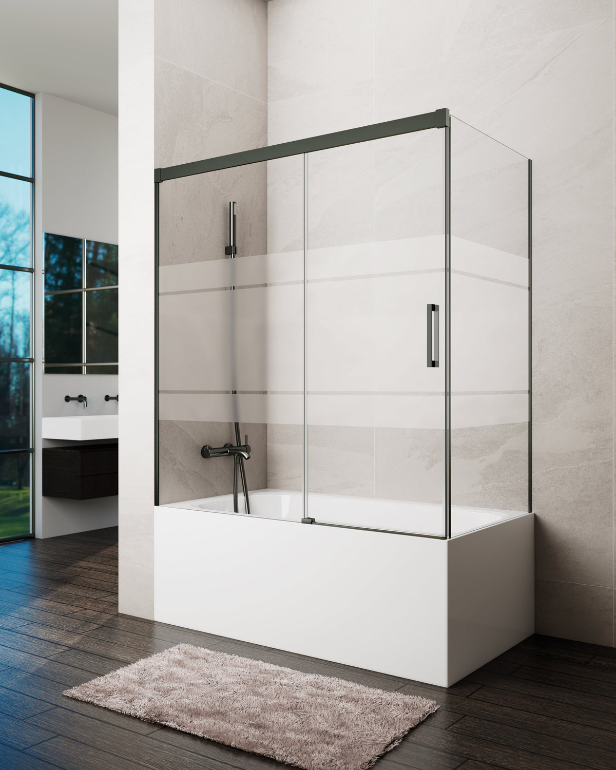 Mampara de bañera corredera frontal Basic frost con panel lateral GME – Titanio