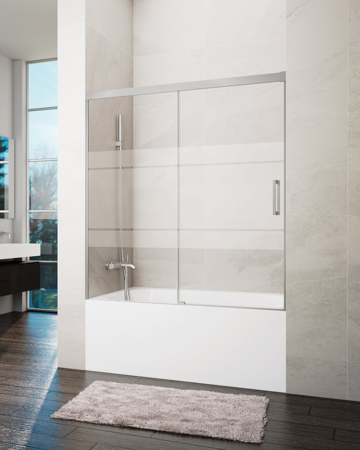 Mampara de bañera corredera frontal Basic frost 1 fijo + 1 puerta GME – Níquel