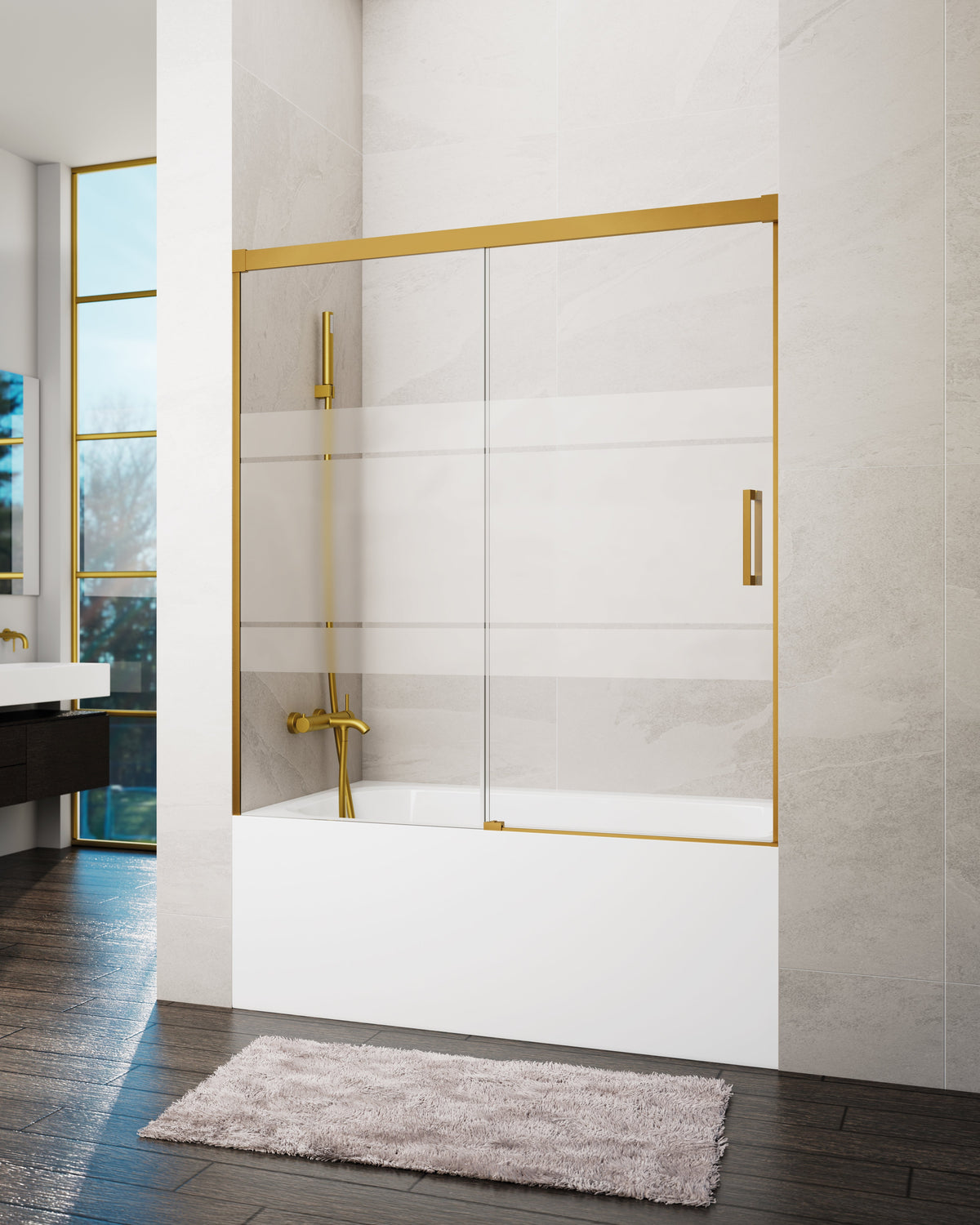 Mampara de bañera corredera frontal Basic frost 1 fijo + 1 puerta GME – Oro