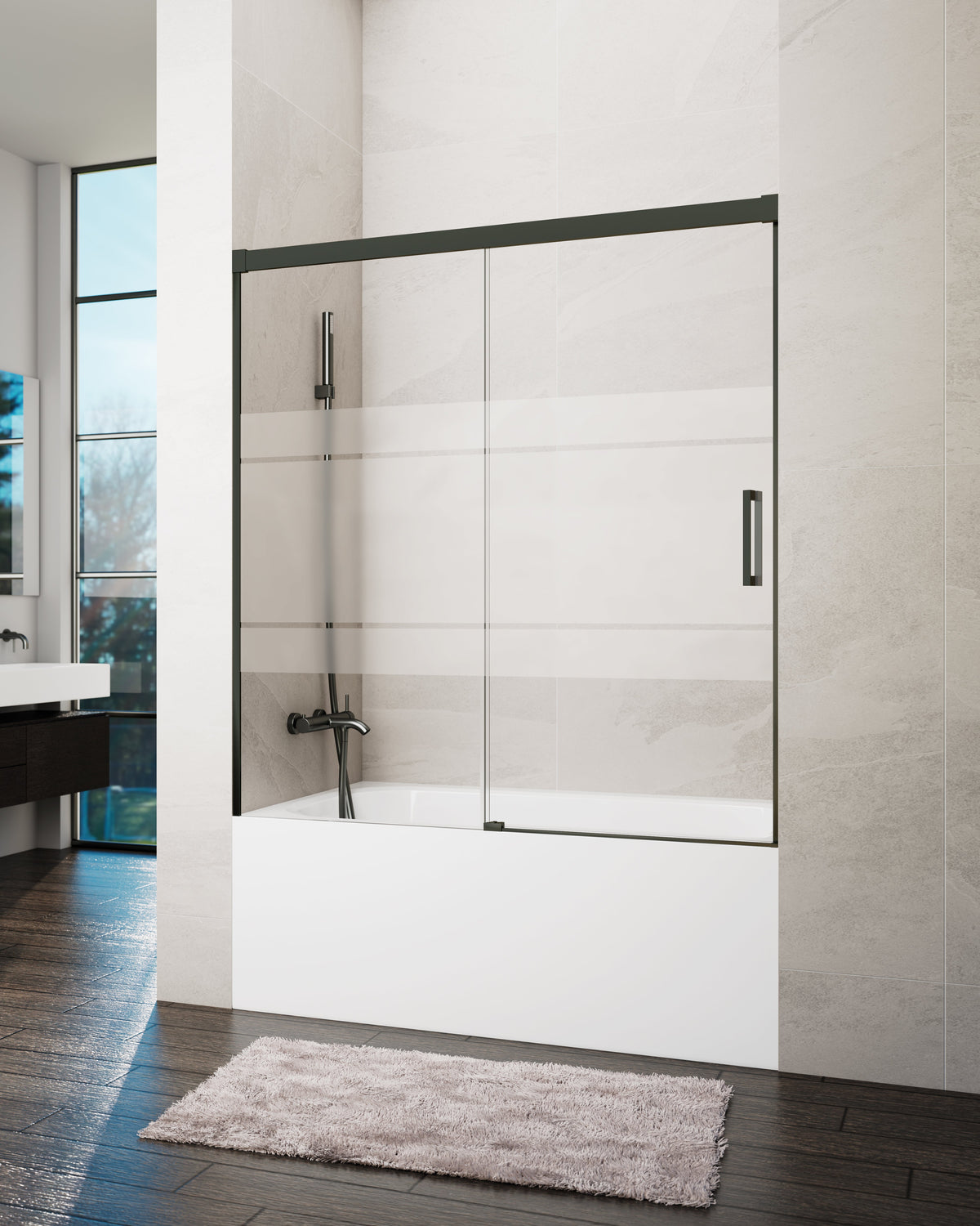 Mampara de bañera corredera frontal Basic frost 1 fijo + 1 puerta GME – Titanio