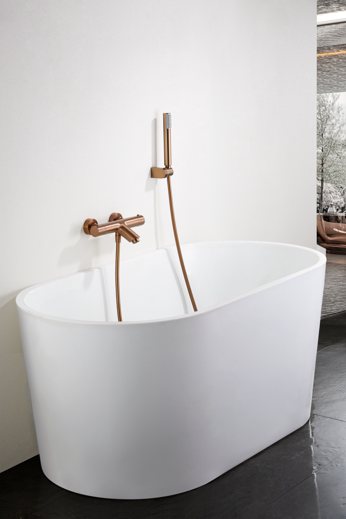 Grifo termostático de bañera y ducha Monza con kit de ducha IMEX – Oro rosa cepillado – imagen 9