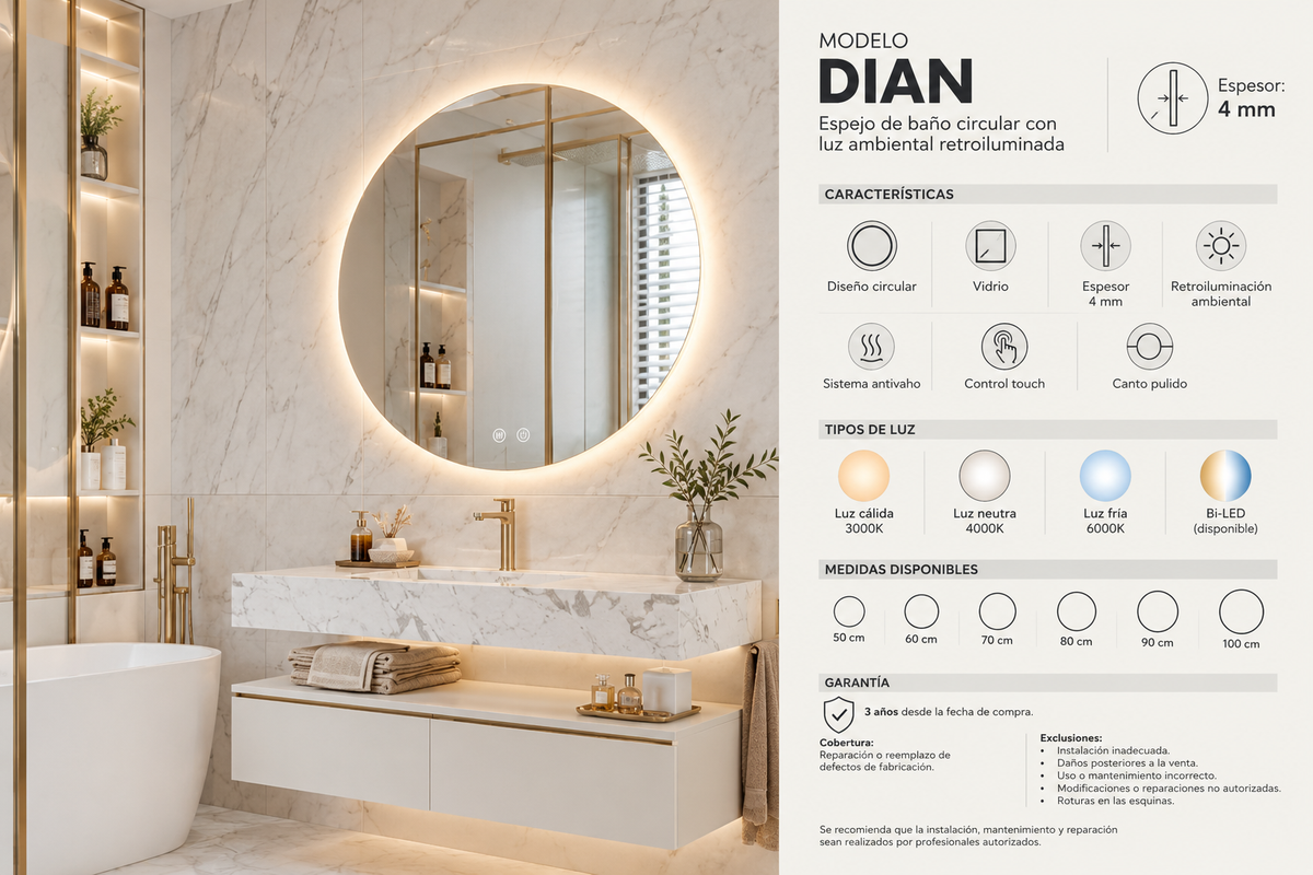 Espejo de baño LED redondo retroiluminado Dian – imagen 6