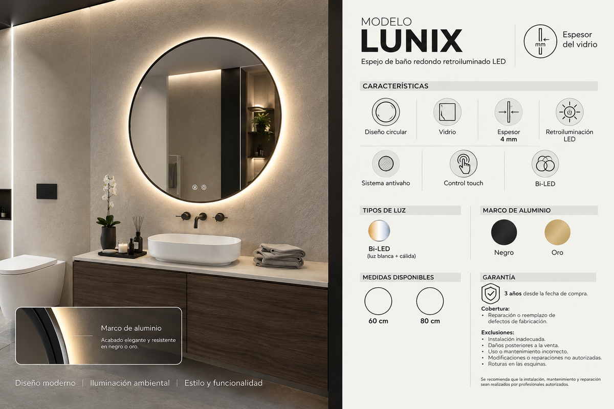 Espejo de baño LED redondo retroiluminado Lunix – imagen 6