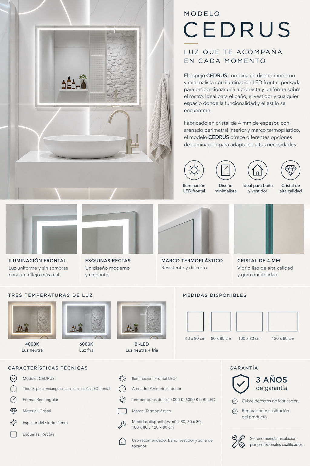 Espejo de baño LED rectangular con luz frontal Cedrus – imagen 6