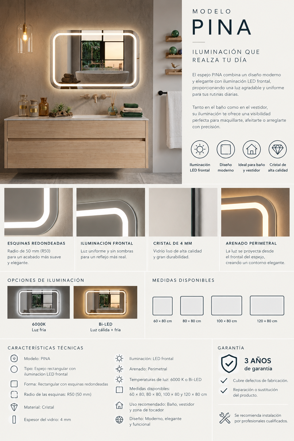 Espejo de baño LED rectangular con luz frontal Pina – imagen 6