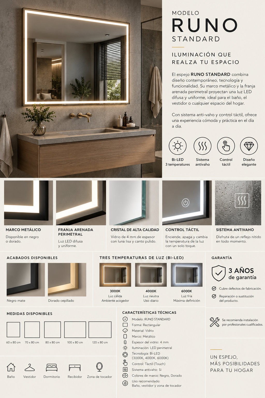 Espejo de baño LED rectangular retroiluminado Runo – imagen 6
