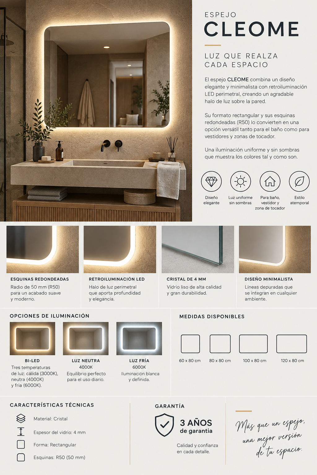 Espejo de baño LED rectangular retroiluminado Cleome – imagen 7