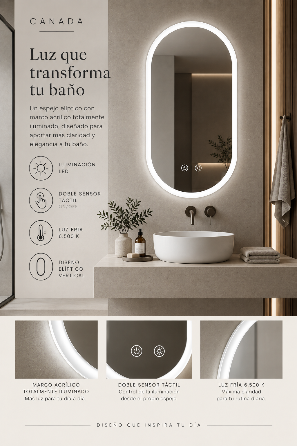 Espejo de baño LED ovalado con marco iluminado Canada – imagen 7