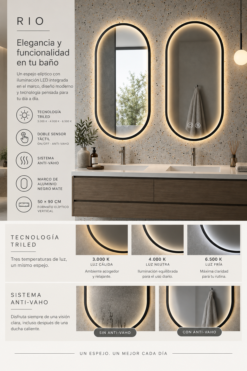 Espejo de baño LED ovalado con marco iluminado Rio – imagen 6