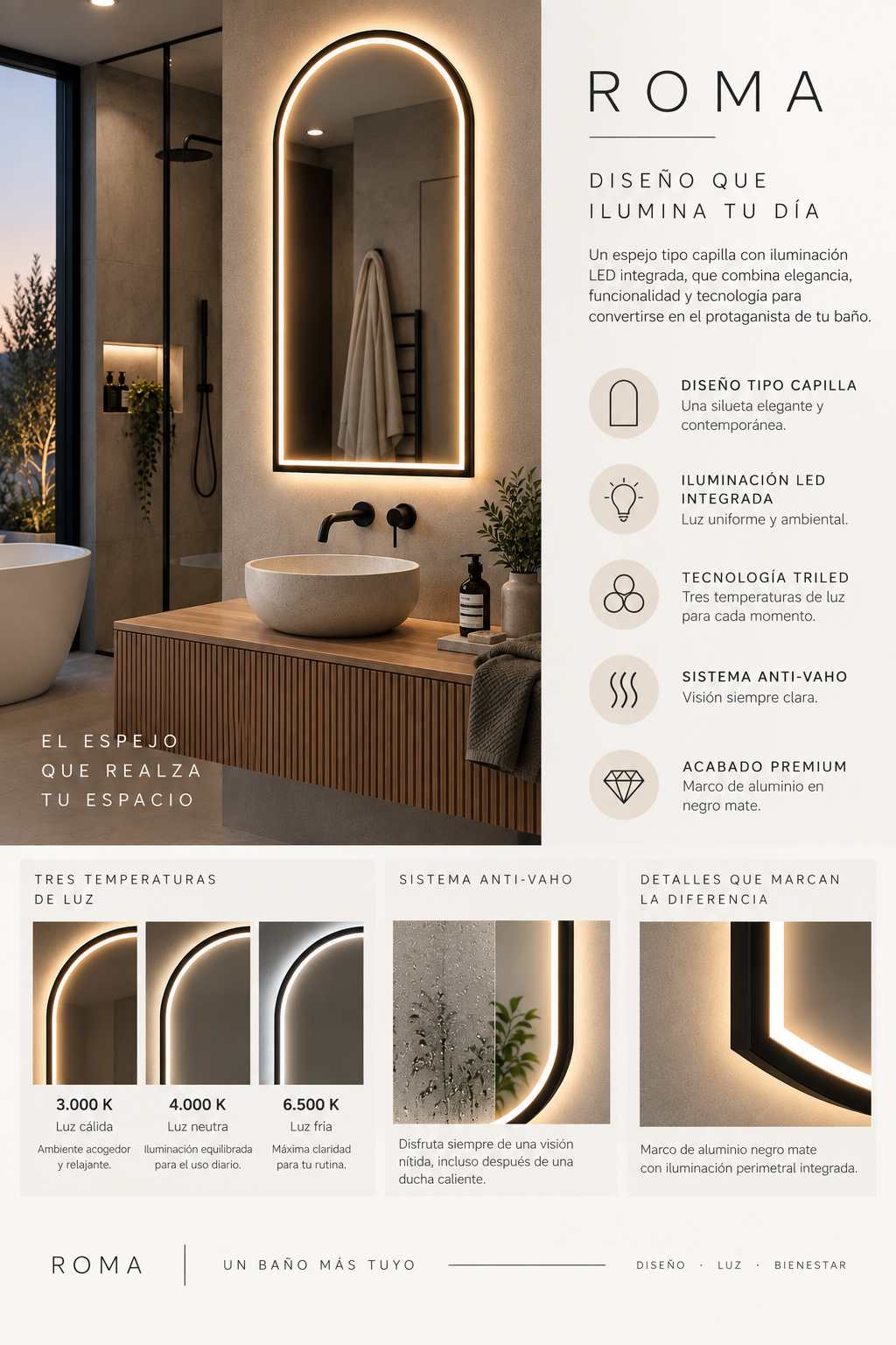 Espejo de baño LED ovalado con marco iluminado Roma – imagen 6