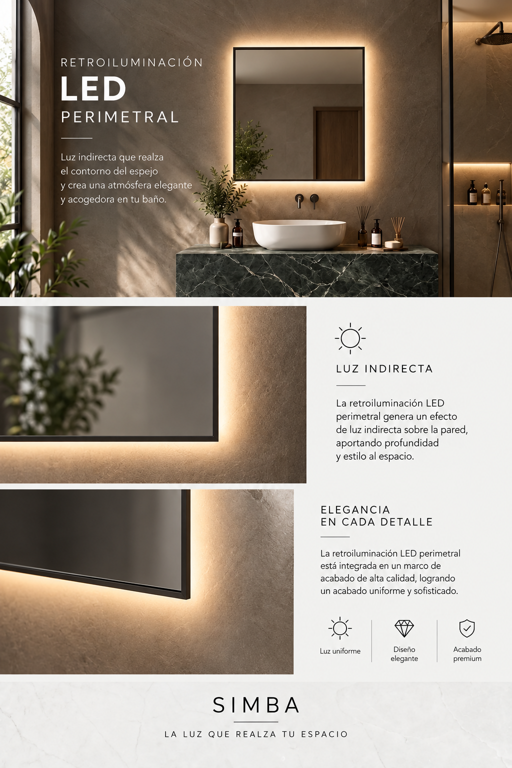 Espejo de baño LED rectangular retroiluminado Simba – imagen 4