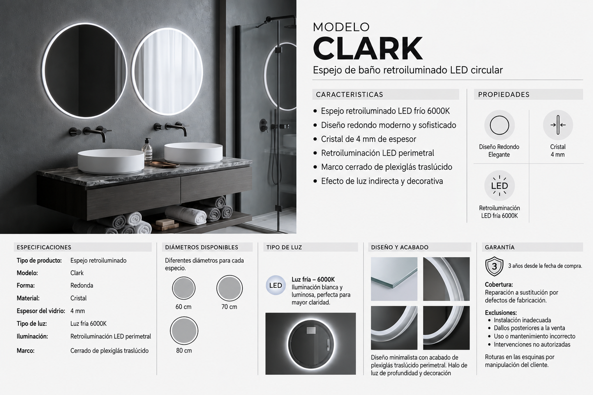 Espejo de baño LED redondo retroiluminado Clark – imagen 6