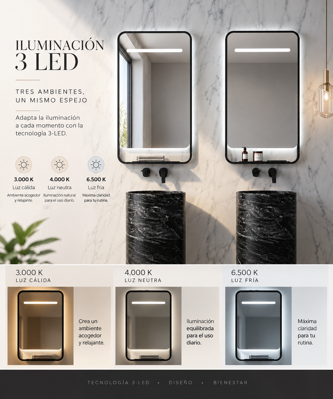 Espejo de baño LED rectangular con luz dual Concept – imagen 4