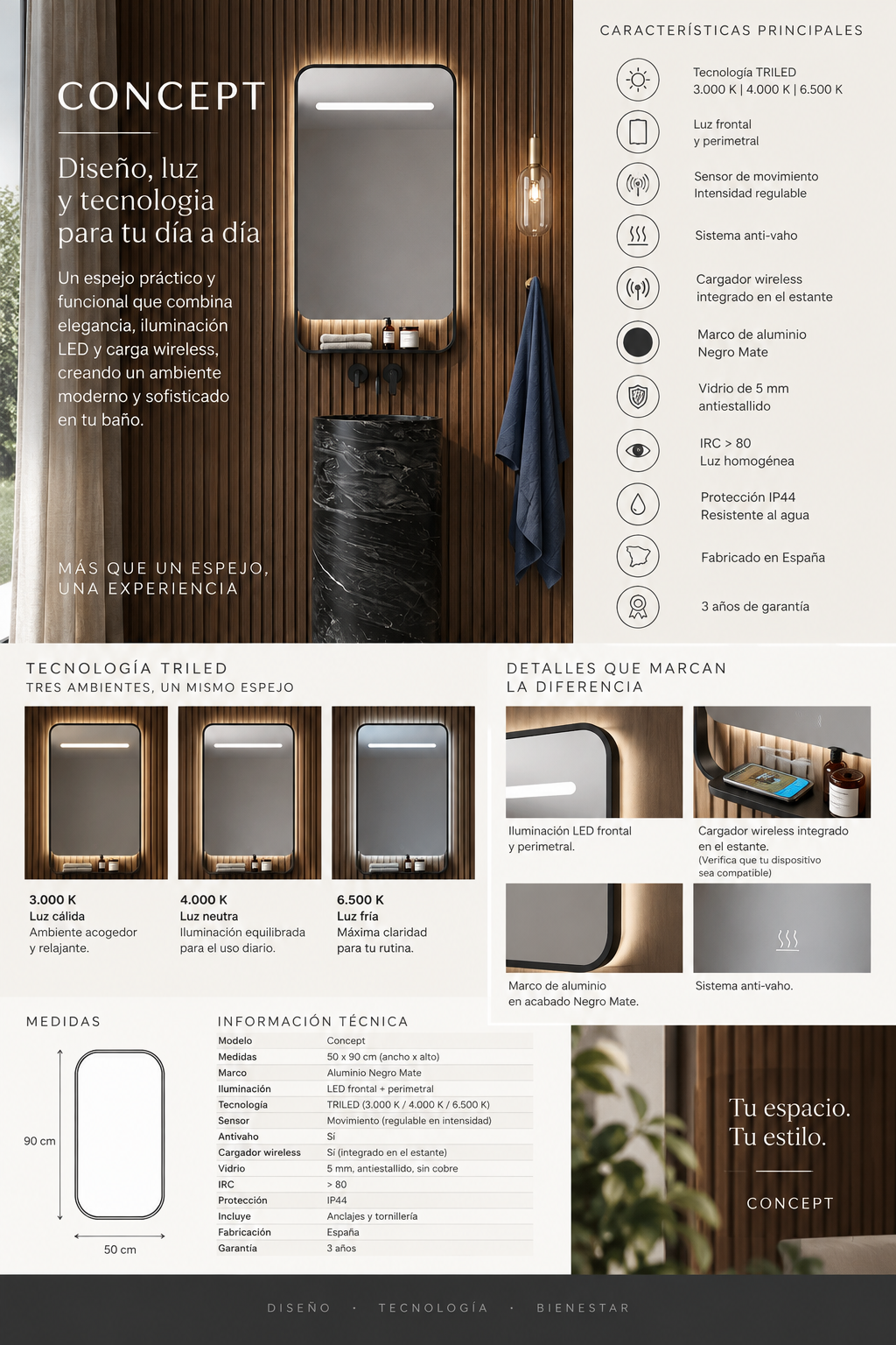 Espejo de baño LED rectangular con luz dual Concept – imagen 6