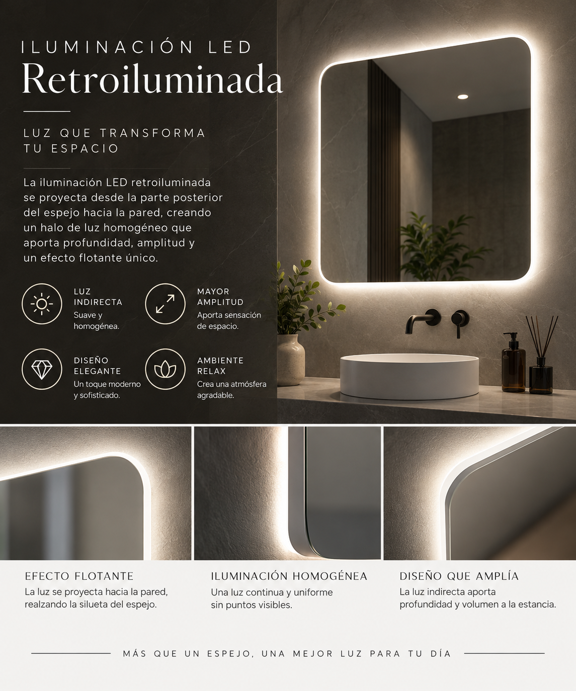Espejo de baño LED rectangular retroiluminado Dinamarca – imagen 3