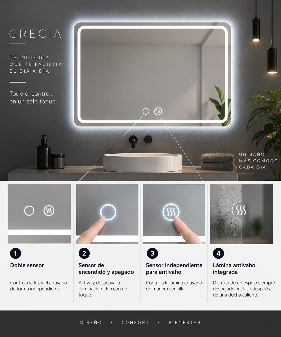 Espejo de baño LED rectangular con luz frontal Grecia – imagen 4