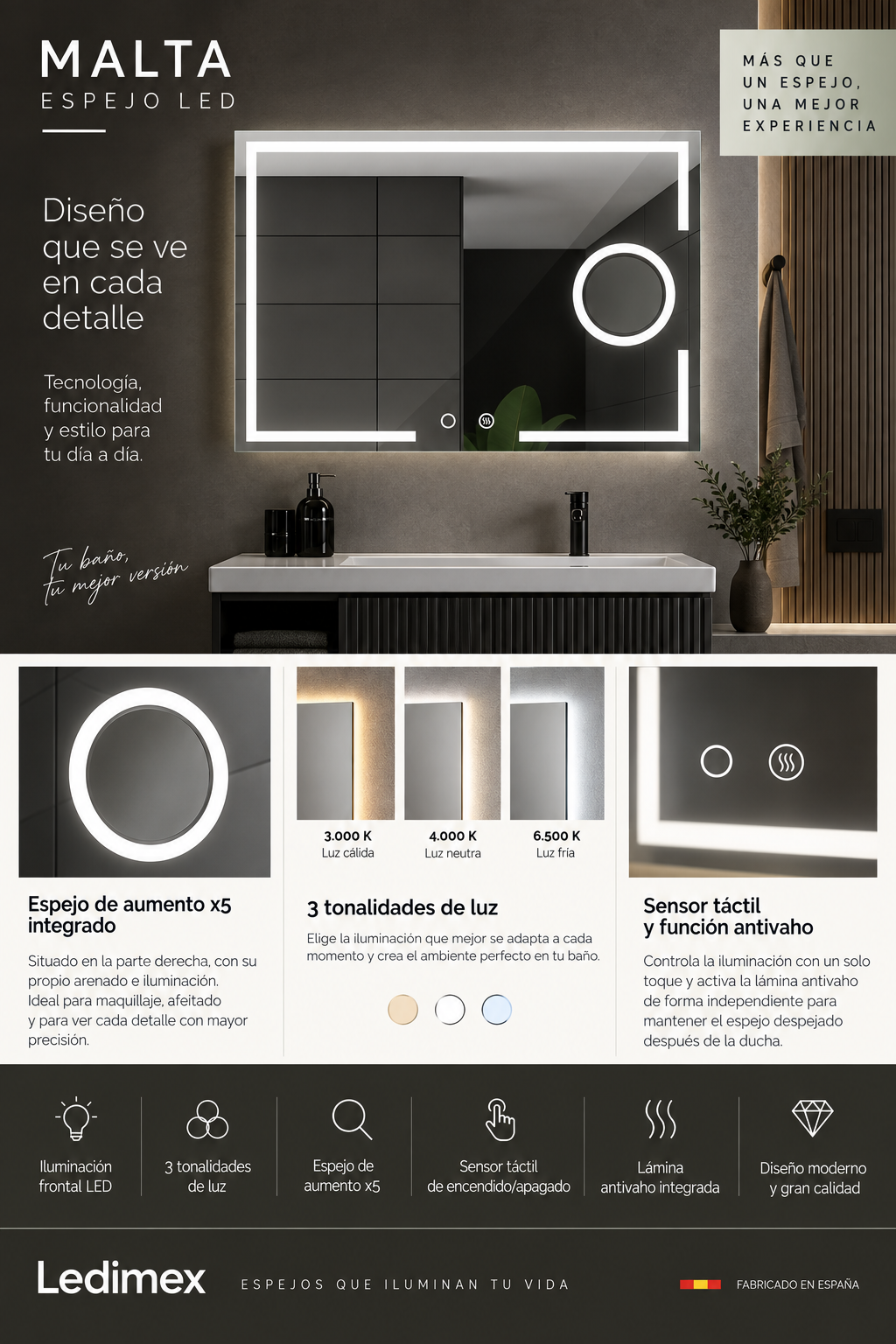 Espejo de baño LED rectangular con luz frontal Malta – imagen 6