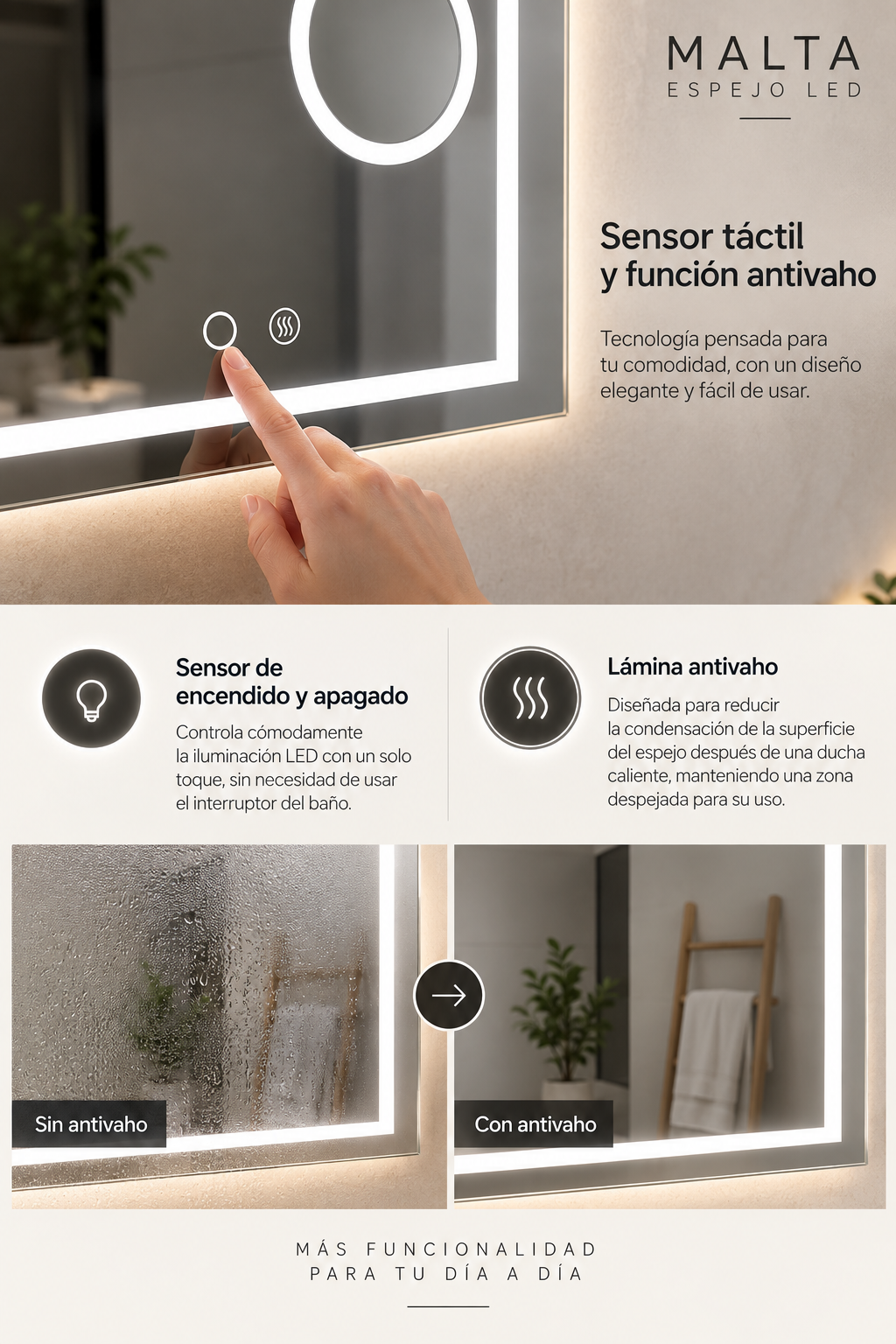 Espejo de baño LED rectangular con luz frontal Malta – imagen 3