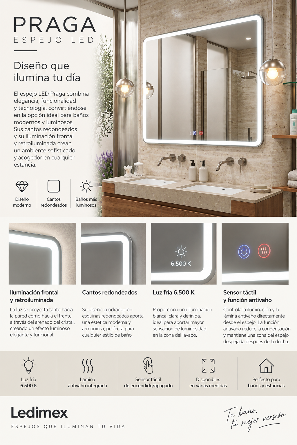 Espejo de baño LED rectangular con luz frontal Praga – imagen 6