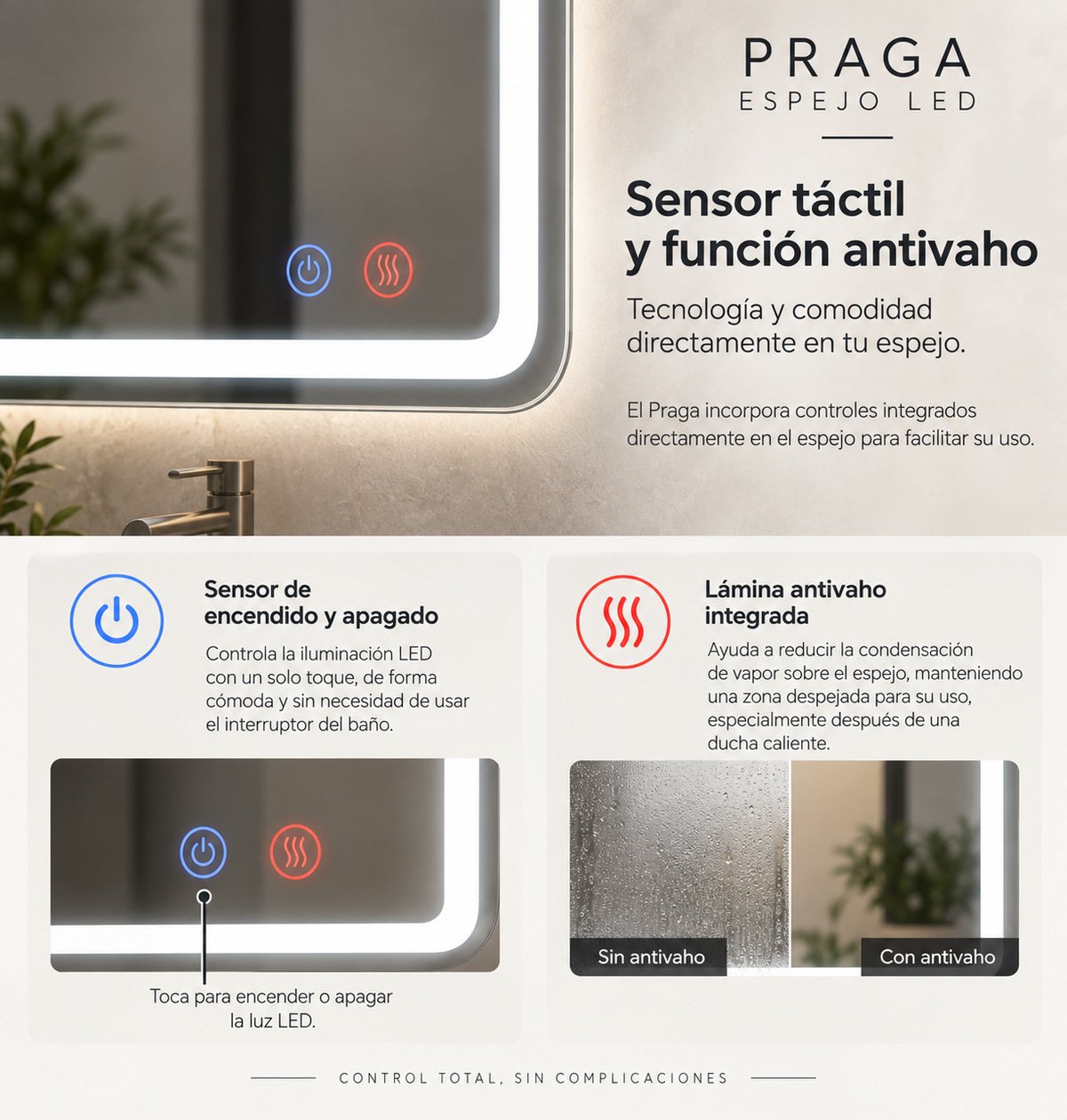 Espejo de baño LED rectangular con luz frontal Praga – imagen 3