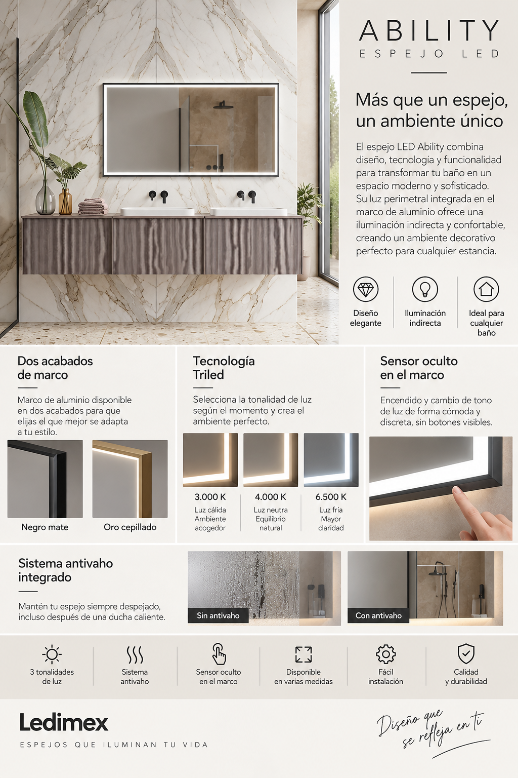 Espejo de baño LED rectangular con marco iluminado Ability – imagen 6