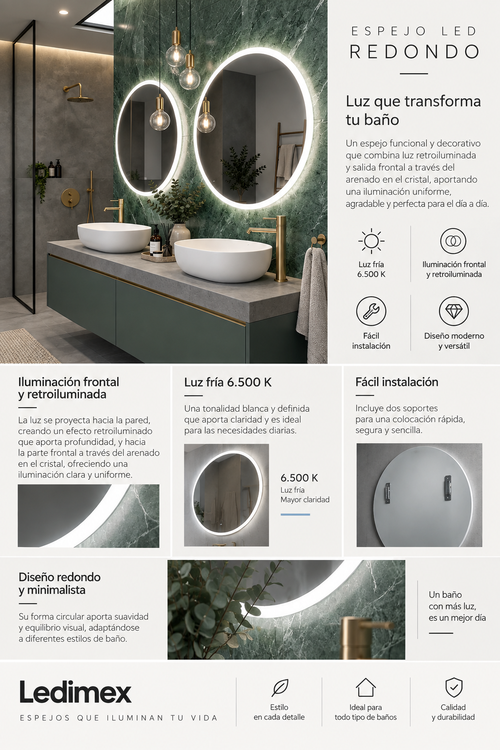 Espejo de baño LED redondo con luz frontal Bélgica – imagen 5