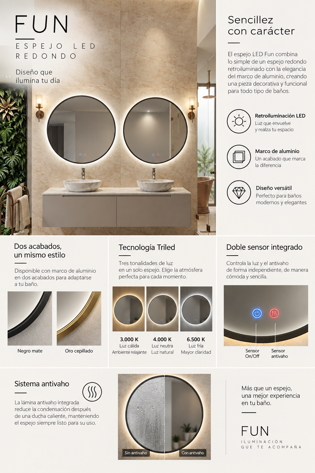 Espejo de baño LED redondo retroiluminado Fun – imagen 6