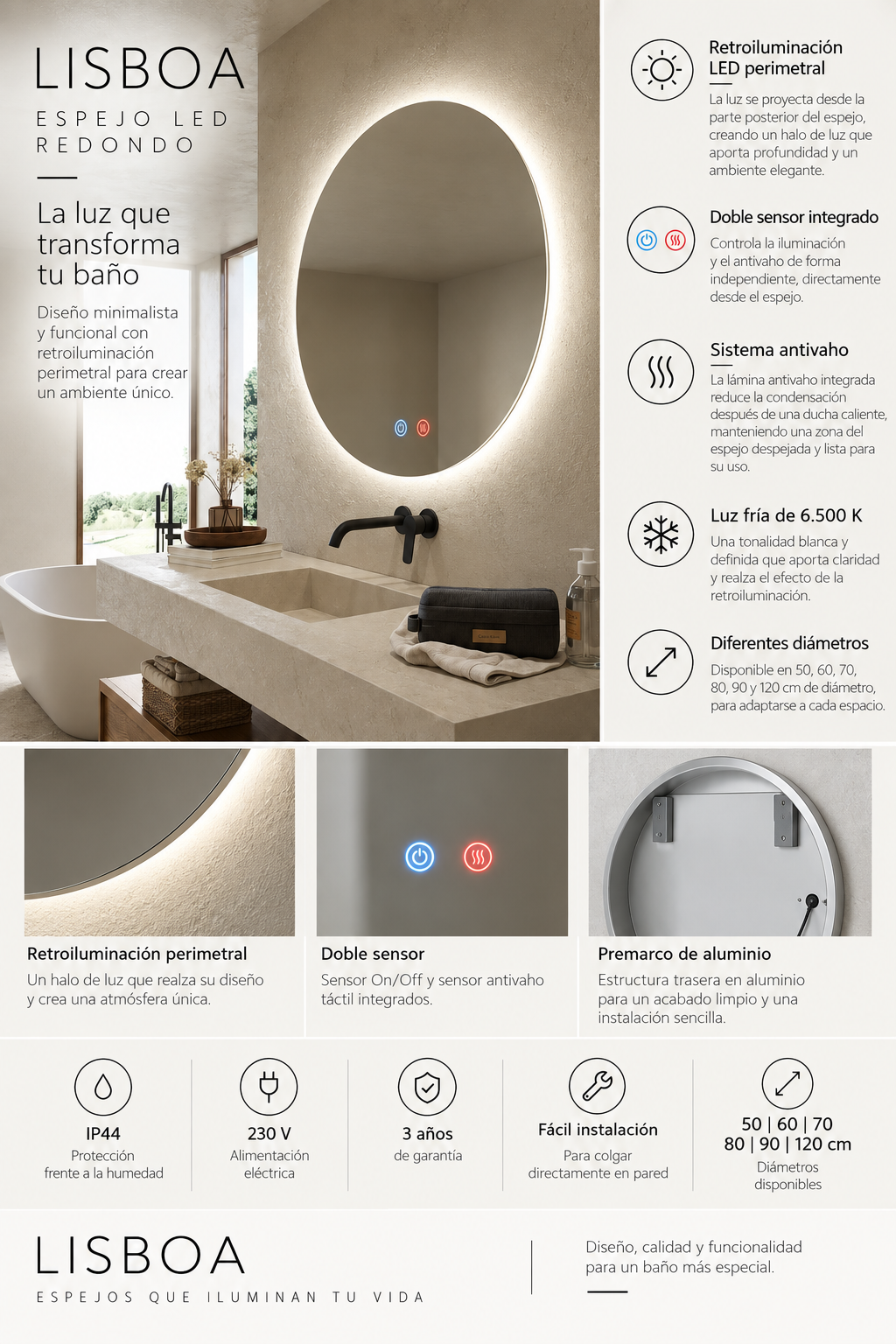Espejo de baño LED redondo retroiluminado Lisboa – imagen 6