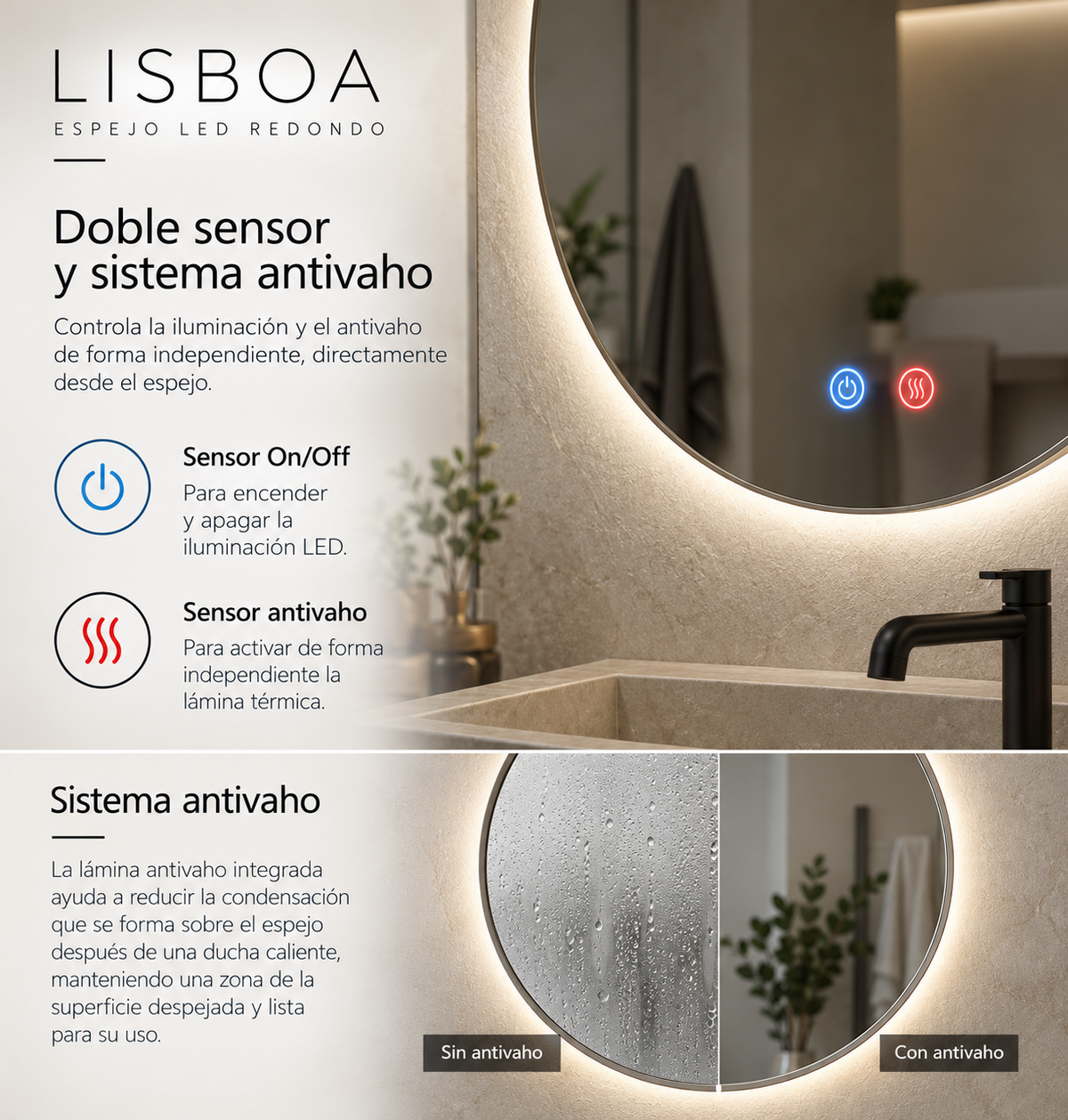 Espejo de baño LED redondo retroiluminado Lisboa – imagen 3