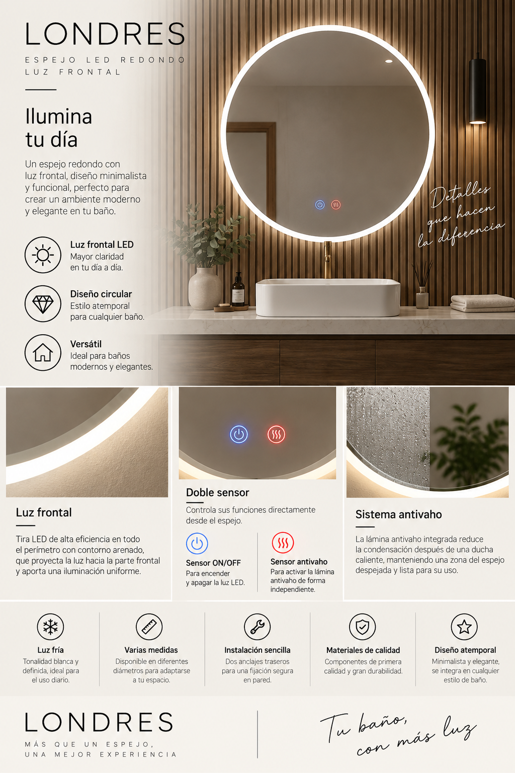 Espejo de baño LED redondo con luz frontal Londres – imagen 6