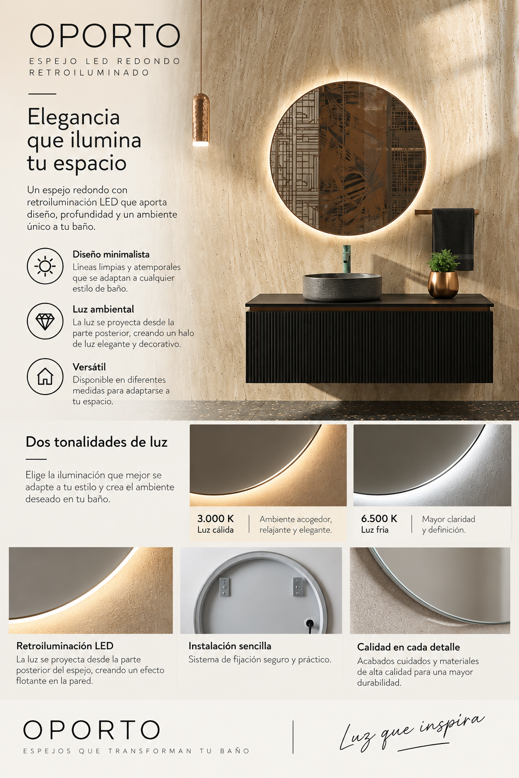 Espejo de baño LED redondo retroiluminado Oporto – imagen 6