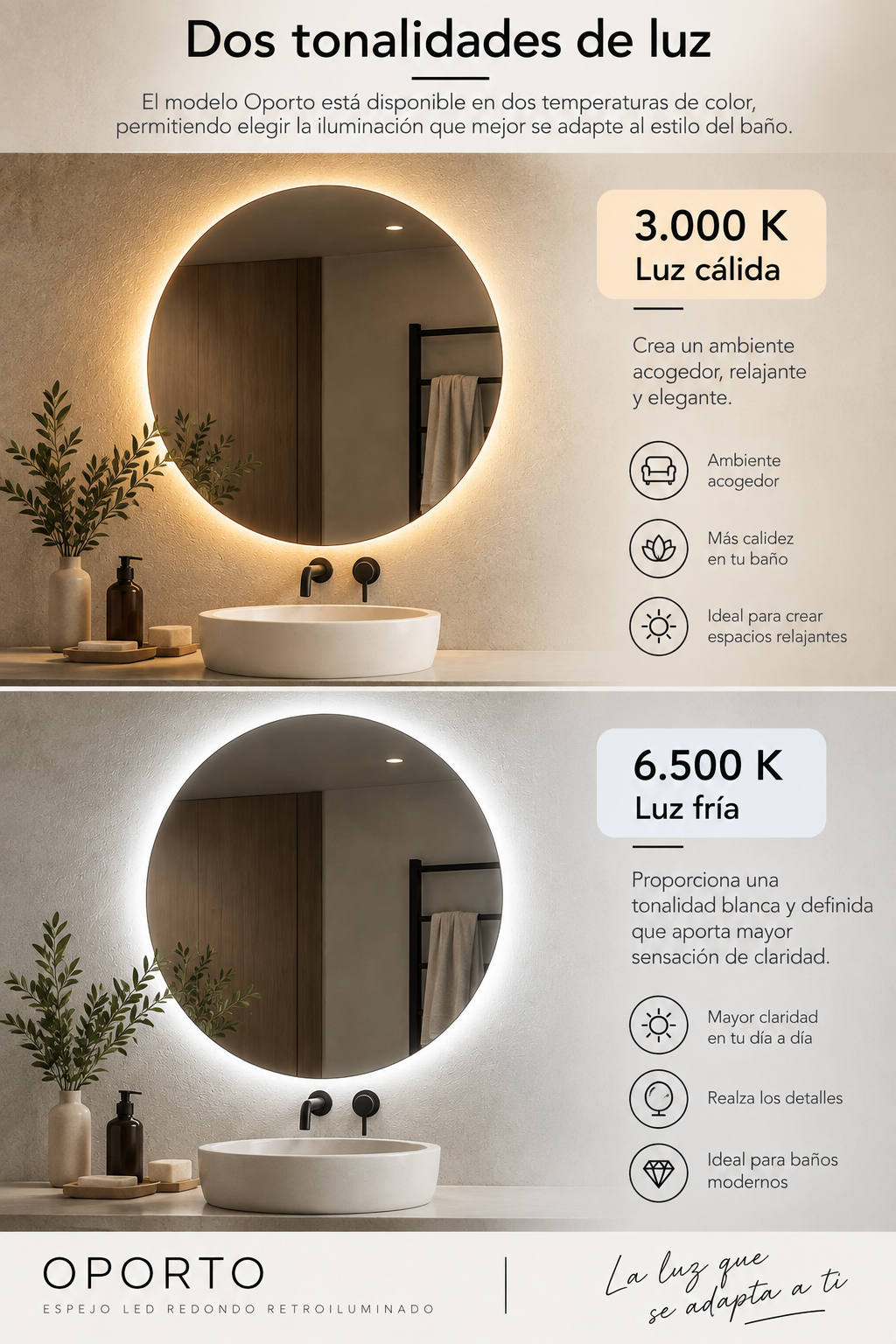 Espejo de baño LED redondo retroiluminado Oporto – imagen 3