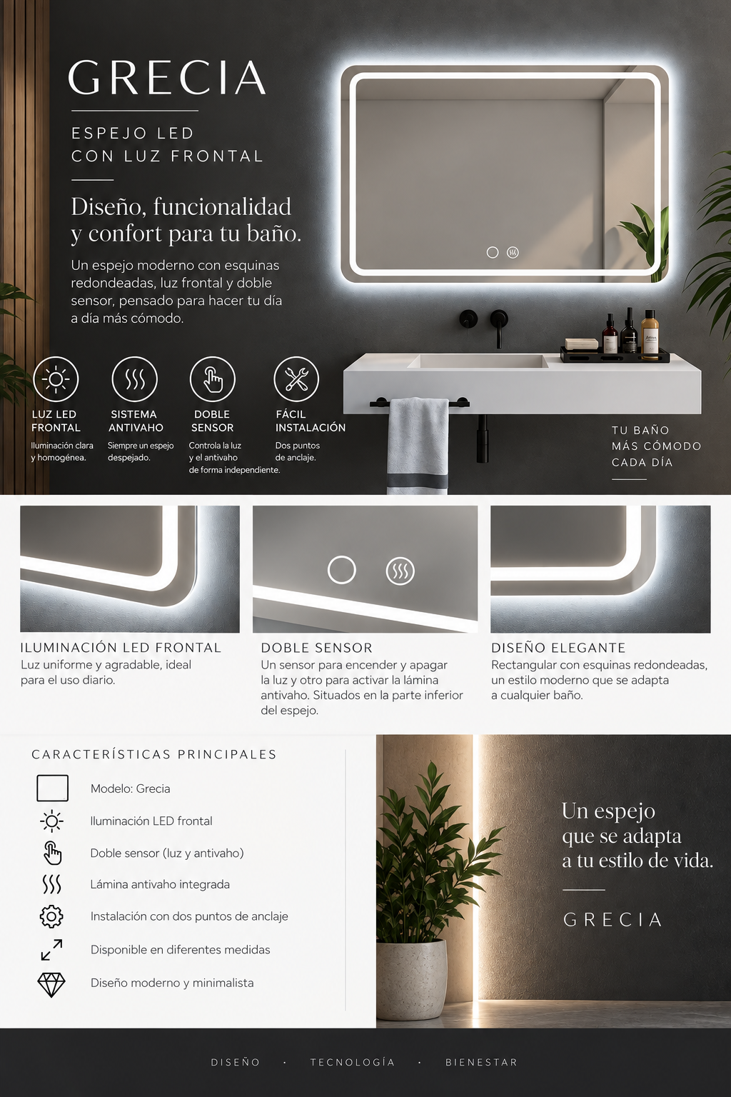 Espejo de baño LED rectangular con luz frontal Grecia – imagen 6