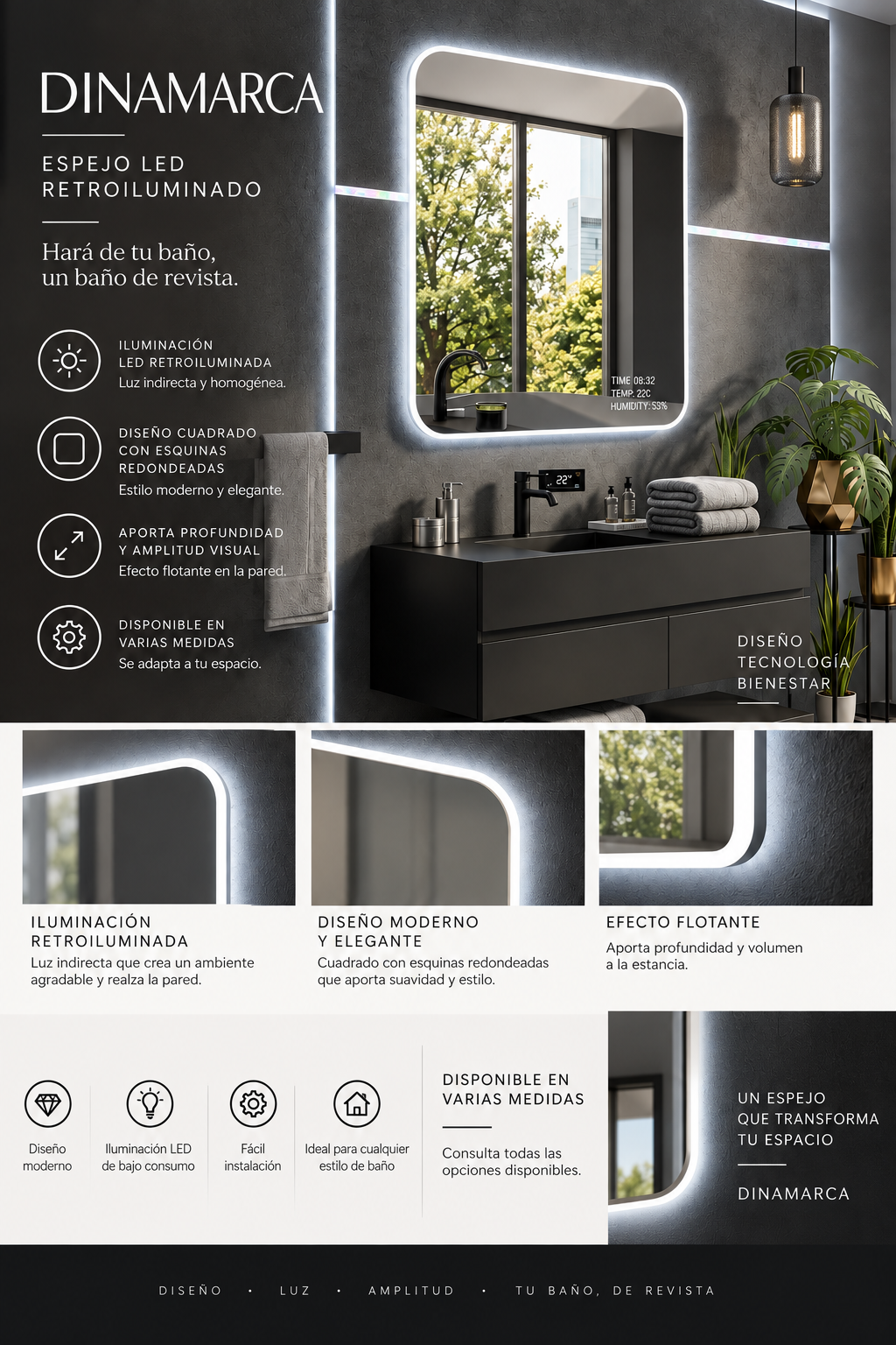 Espejo de baño LED rectangular retroiluminado Dinamarca – imagen 6