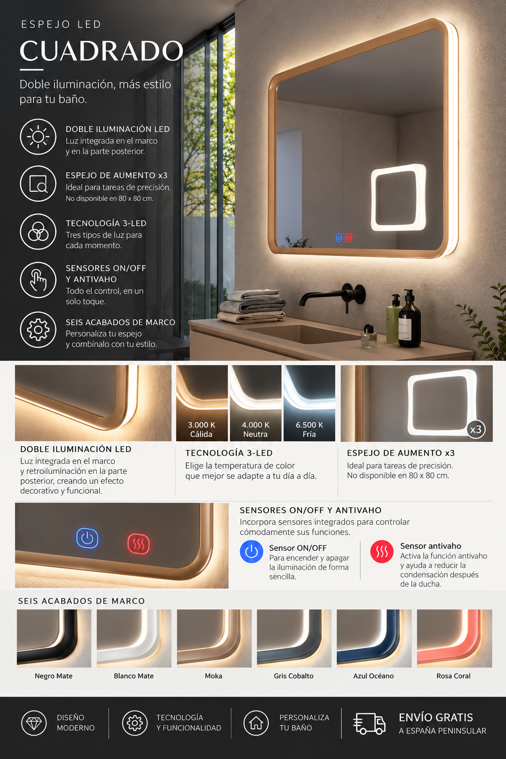 Espejo de baño LED rectangular retroiluminado Duomo – imagen 6
