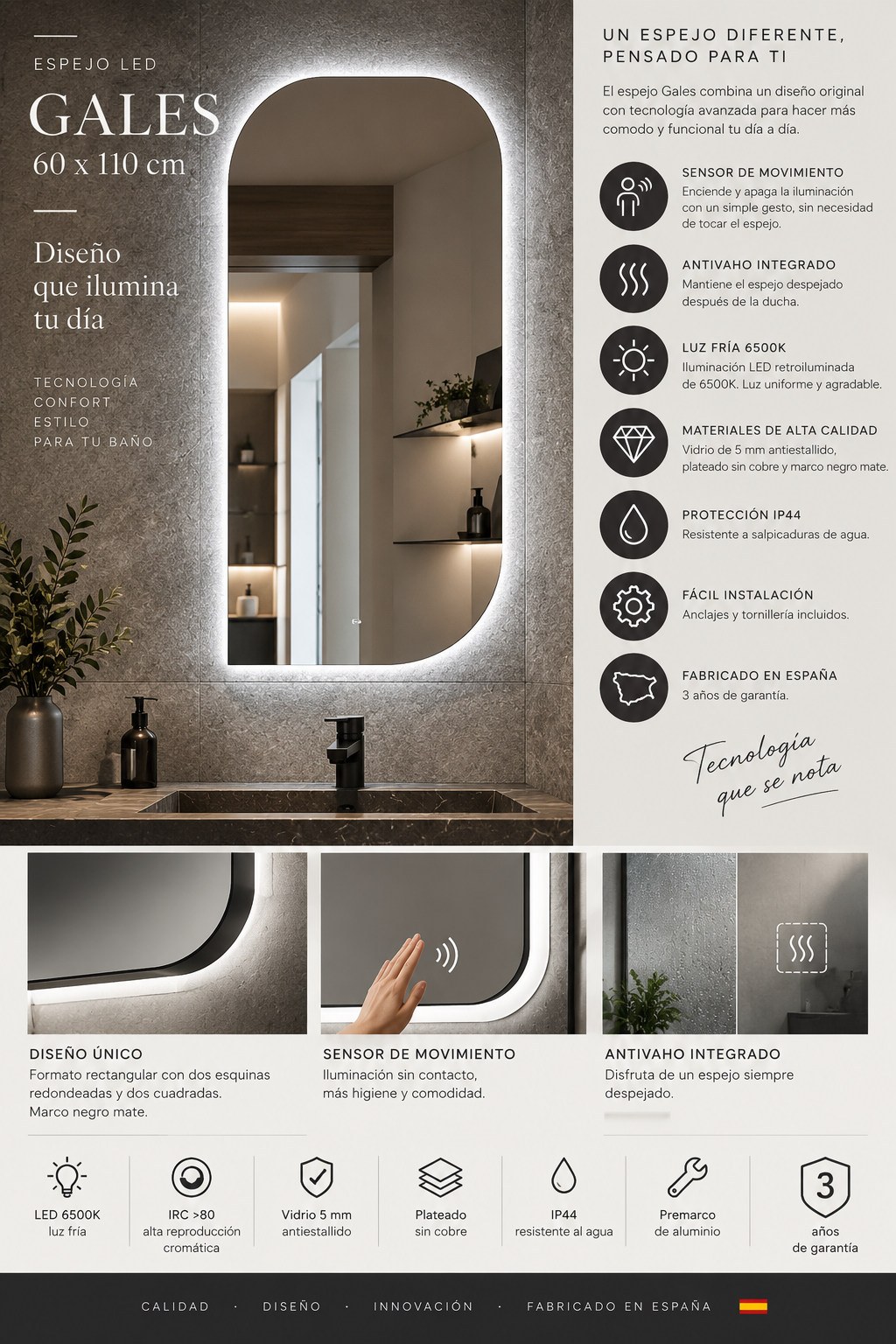 Espejo de baño LED ovalado retroiluminado Gales – imagen 6