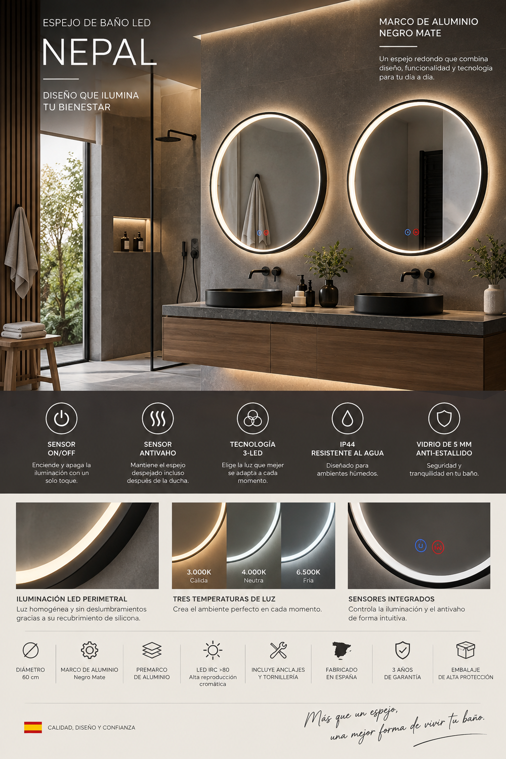 Espejo de baño LED redondo con marco iluminado Nepal – imagen 6