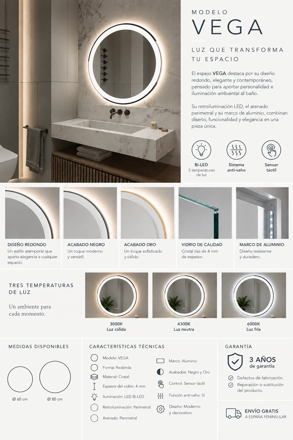 Espejo de baño LED redondo retroiluminado Vega – imagen 7