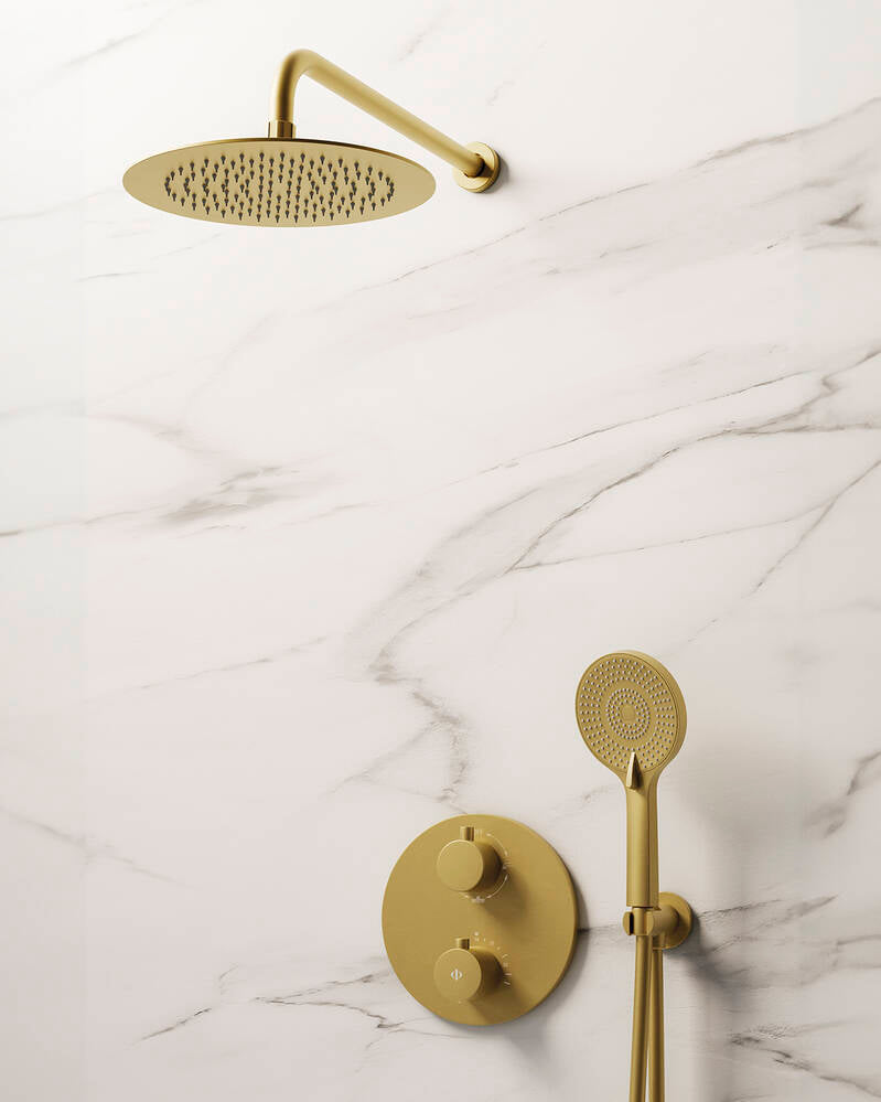 Conjunto de ducha empotrado termostático Round con rociador pared GME – Oro