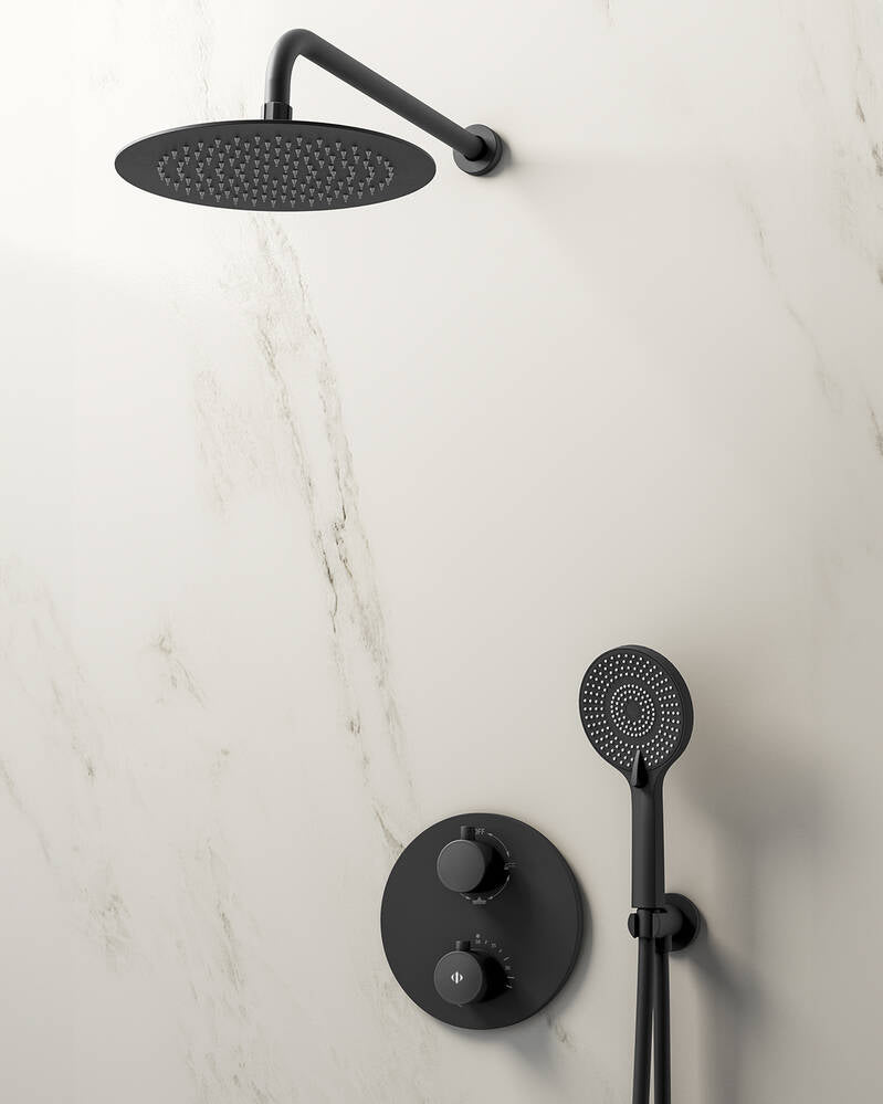 Conjunto de ducha empotrado termostático Round negro con rociador pared