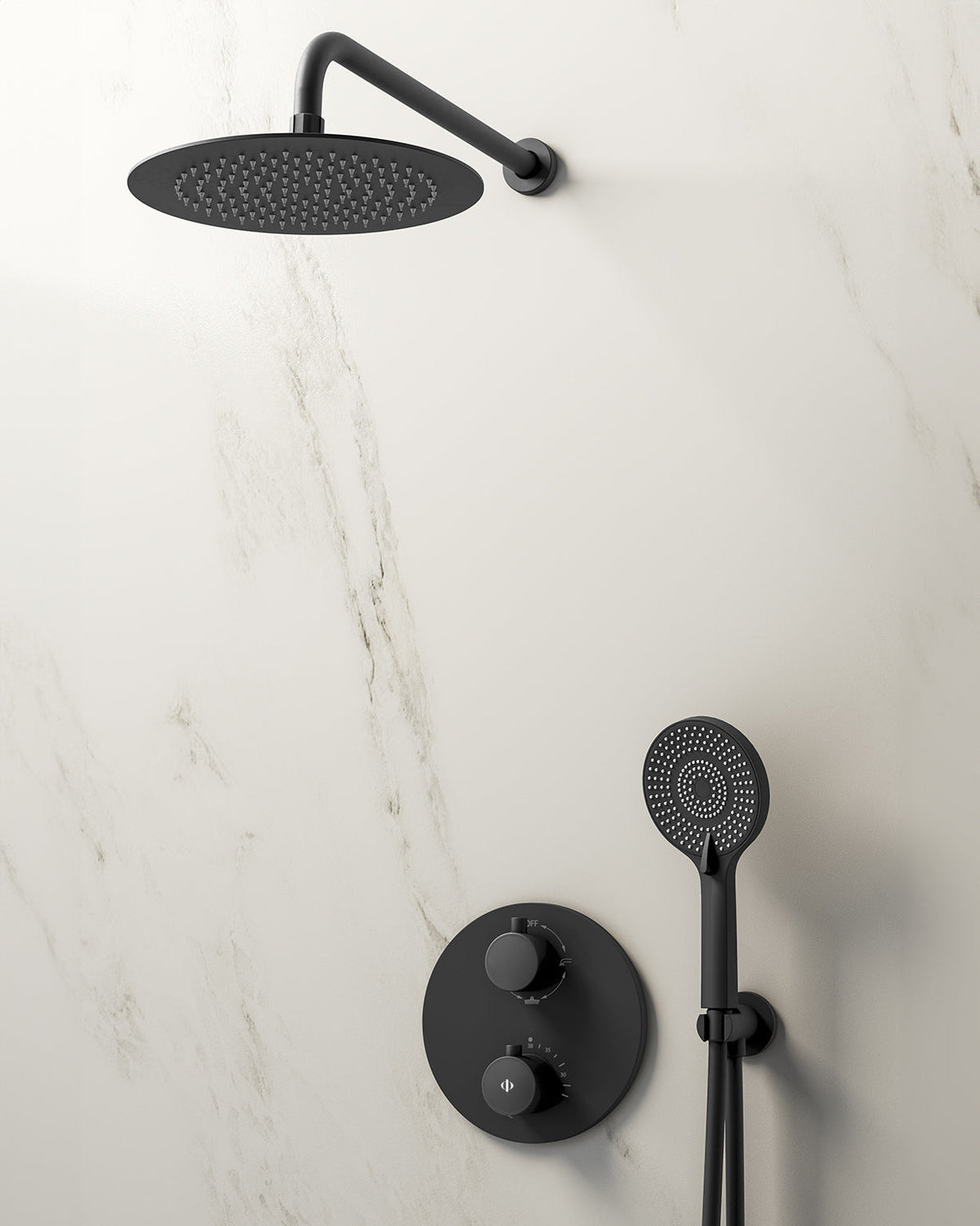 Conjunto de ducha empotrado termostático Round negro con rociador pared – imagen 2 de 2