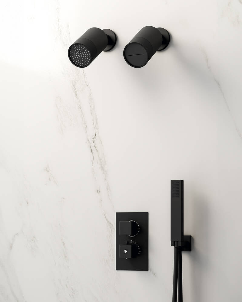 Conjunto de ducha empotrado termostático Orion negro con doble rociador lluvia y cascada