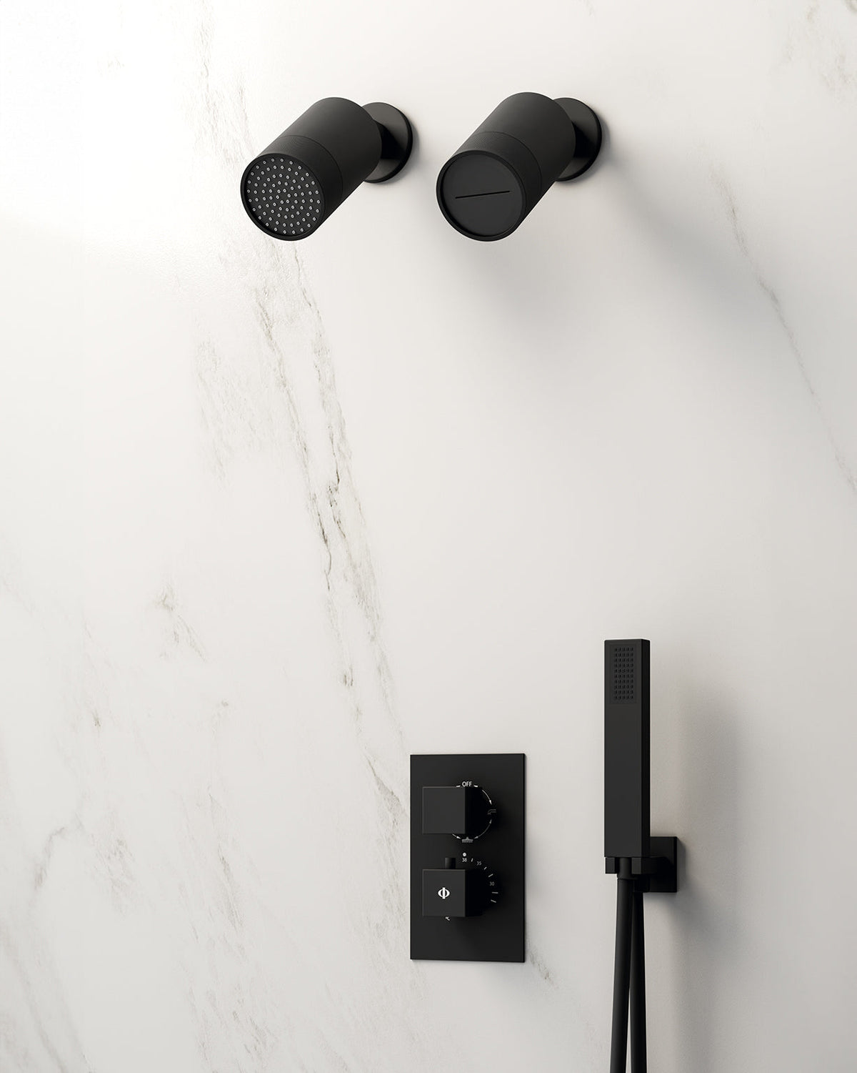 Conjunto de ducha empotrado termostático Orion negro con doble rociador lluvia y cascada – imagen 2 de 2